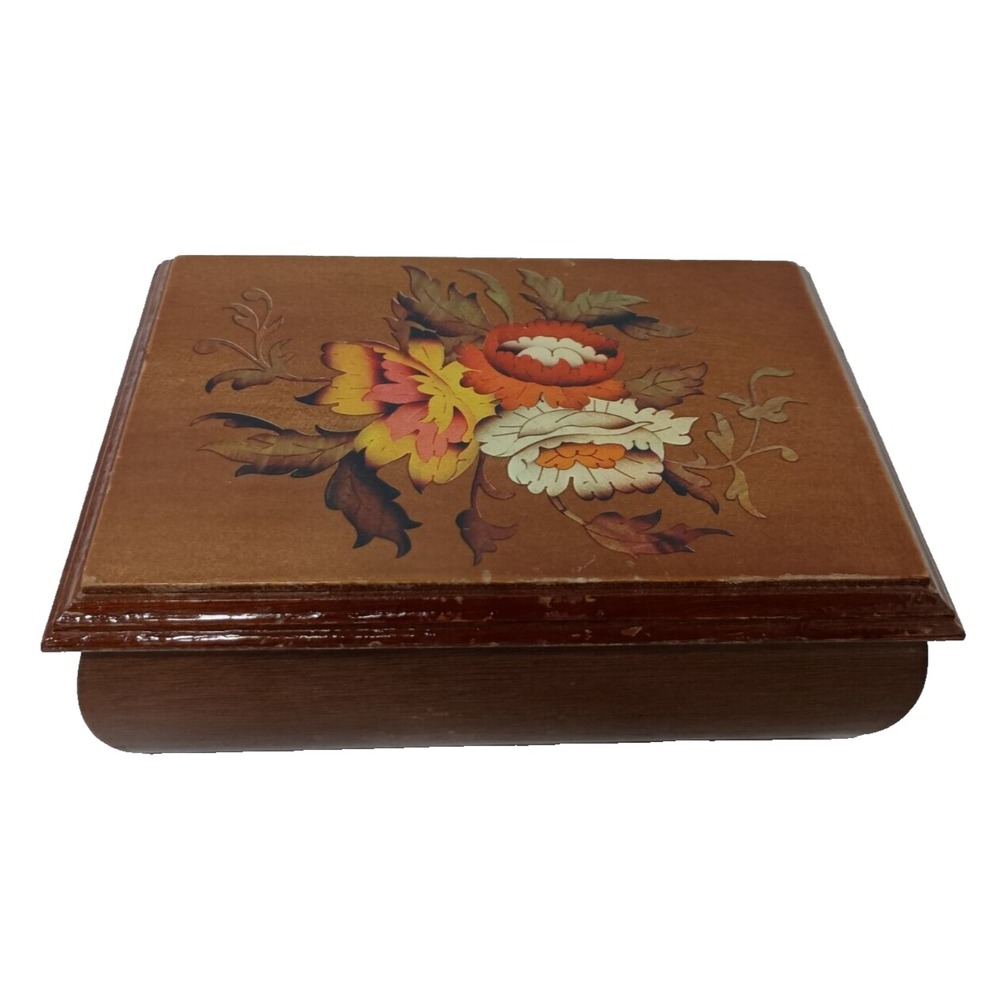 Vintage Wood Jewelry Box Hinged Lid Mirrored Lacquered Floral Design Storage